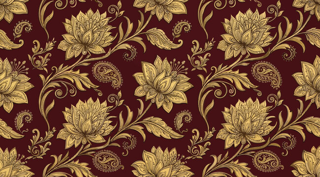 Seamless vintage floral damask pattern in gold on rich burgundy background