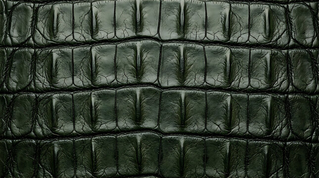 Macro view of dark green crocodile leather texture with crocodile alligator material background authentic geometric abstract structure