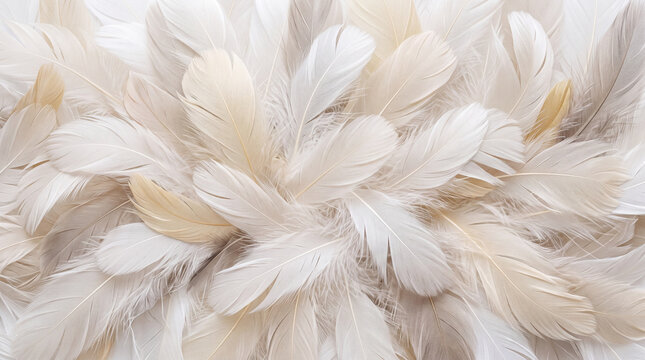 Elegant composition of delicate white and cream feathers with soft flowing texture