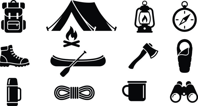 Black and white camping and outdoor adventure icon collection featuring tent, backpack, campfire, and travel gear