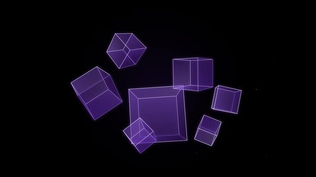 Floating purple geometric cube cluster rotating against dark background on transparent background