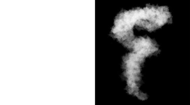 Atmospheric white smoke plume on black background, ethereal vapor trail with alpha mask, realistic steam cloud for visual effects