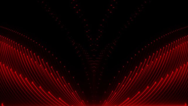 Intense red light streaks and particle beams converge toward a central vanishing point, creating a cinematic futuristic tunnel with strong depth and motion.
