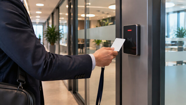 Businessman experiencing access denied technology failure while scanning RFID keycard badge at electronic door reader in modern office building IT security problem