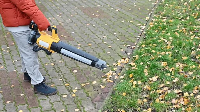 Teenage girl using a leaf blower to clear fallen leaves in autumn. Seasonal yard and garden cleanup, outdoor work, property maintenance, and fall home care.