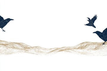 Obraz premium Stylized Crows Over Wavy Landscape Pattern