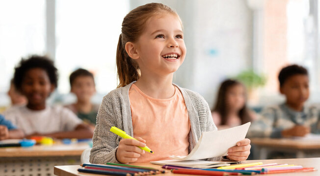 Child smiles in classroom while holding paper and highlighter during art activity with classmates present