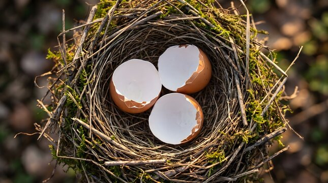 Three broken eggshells resting inside a natural bird nest made of twigs and moss on the forest floor at sunset for new beginnings and growth concept.