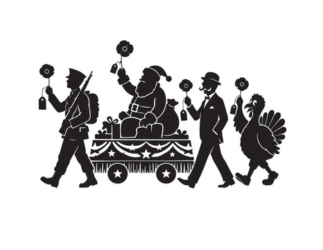 Parade float with santa claus and characters walking with flowers in a festive event vector