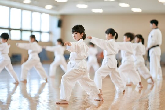 Children Practicing Taekwondo in Martial Arts Training Class with Instructor