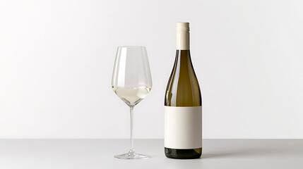 Obraz premium Minimalist composition of a glass and a bottle filled with white wine on a light background, elegant still life for menu design or bar