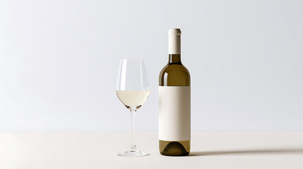 Obraz premium Elegant white wine bottle with blank label and a matching crystal glass filled with fresh alcoholic beverage on a clean minimal neutral background