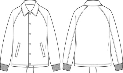 Coach Jacket Technical Flat Sketch Front and Back View Snap Button Raglan Sleeve Fashion Design Vector Illustration Template © Sonjit