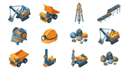 Clean Isometric of Mining Equipment and Materials in Bright Orange and Gray Colors with high quality professional line art symbols for modern creative design and digital branding projects © maryatisan