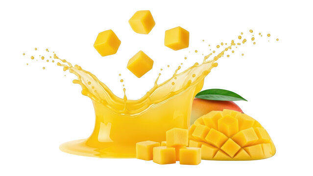 Fresh mango fruit pieces with a big splash of sweet orange juice