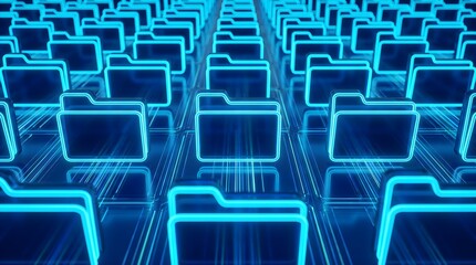 Fototapeta premium Glowing blue digital file folders arranged in rows on a futuristic circuit board interface for cloud storage and enterprise data management solutions.