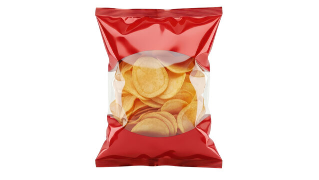 Red plastic bag filled with delicious crispy potato chips for snack packaging design