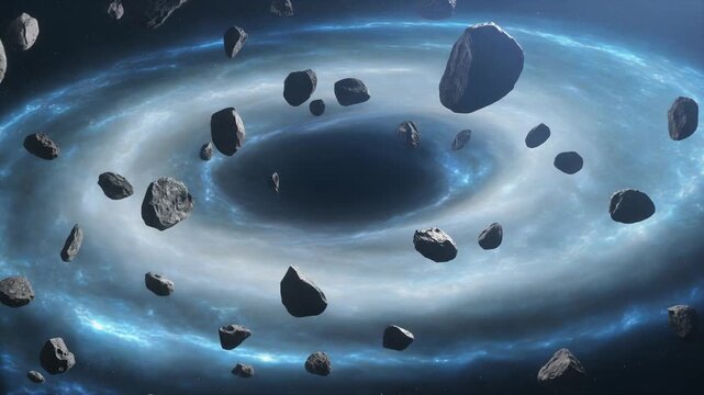 青白い宇宙エネルギーが暗黒の空洞へ流れ込み周囲に小惑星が浮遊する