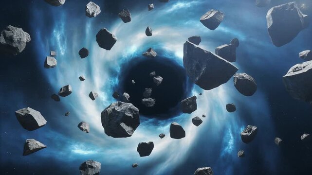 青白い巨大な宇宙渦の漆黒の中心へ発光するプラズマと小惑星が巻き込まれる
