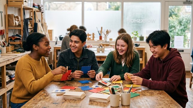 Teen friends sort color cards at a community table