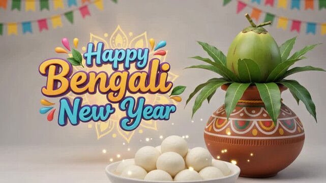 Happy Bengali New Year Celebration with Traditional Pot and Flowers 4K