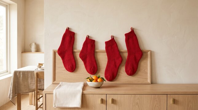 Oversized red socks brighten a cream dining room