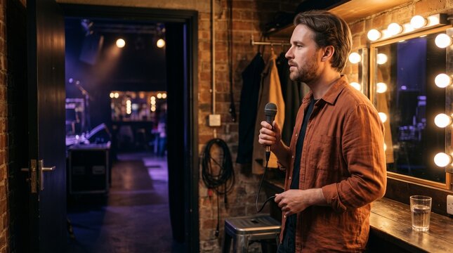 Singer warms up in the greenroom before open mic