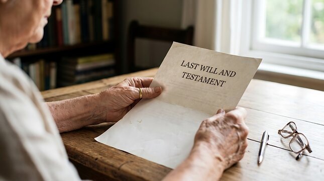 Elderly person reading a last will and testament document on a wooden desk at home with glasses and a pen