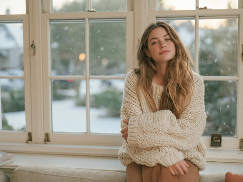 Cozy young woman in a white chunky sweater sitting by the window in winter