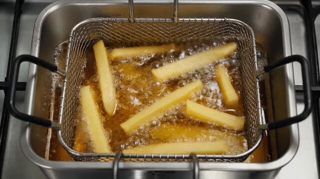 銀色のメスティンで太切りのフライドポテトが黄金色の油と泡に包まれ揚がる