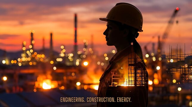 Silhouette of a female engineer in a hard hat standing in front of an industrial oil refinery at sunset