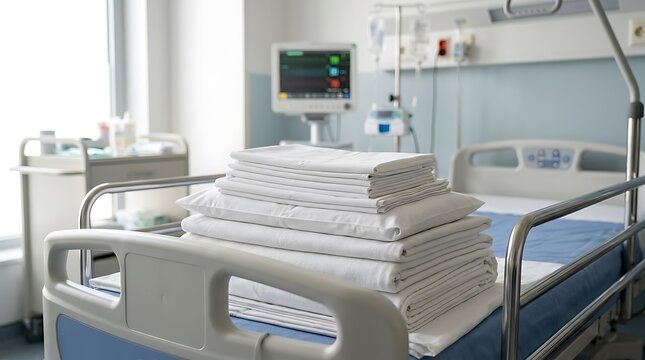 Modern hospital room with empty medical bed and electronic patient monitoring equipment for professional healthcare use