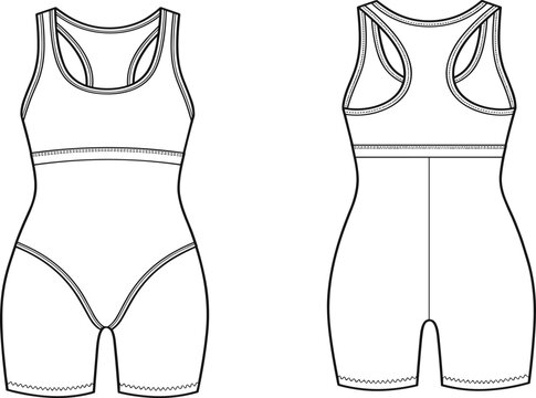 Women's Racerback Bodysuit Technical Flat Sketch Front and Back View Fashion Design Vector Illustration Template