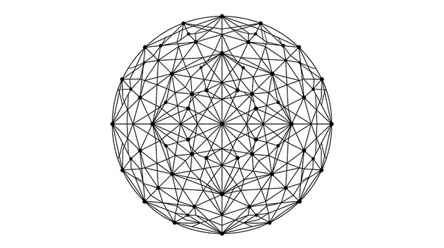 Abstract geometric sphere made of black lines and dots connected in a complex digital network pattern