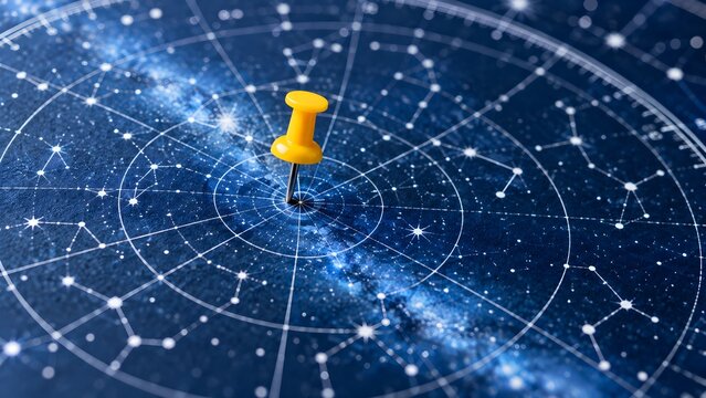 A yellow pushpin marking a specific location on a complex star chart representing celestial navigation mapping exploration and galactic positioning