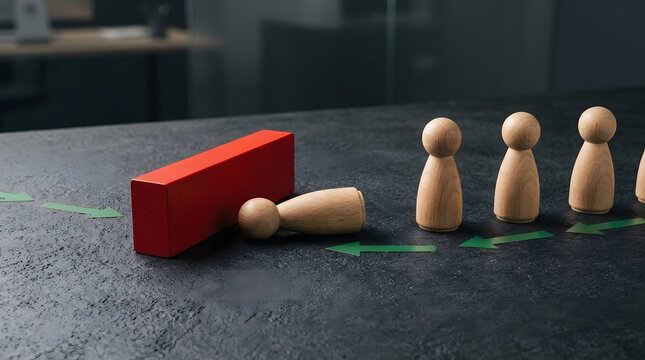 Wooden figures stopped by a red barrier