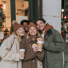 Obraz premium Cheerful group of friends with burgers and coffee on a winter street