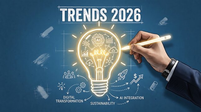 Trends 2026 digital transformation and artificial intelligence innovation concept with a glowing light bulb illustration