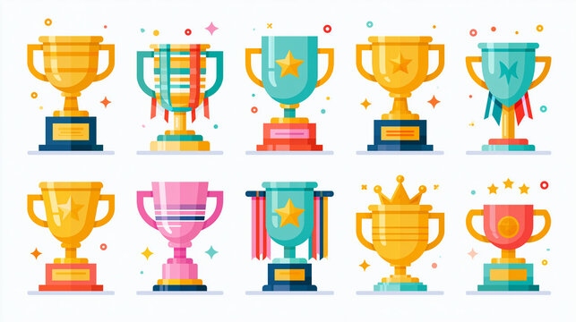 A colorful collection of various trophy designs in a flat style.