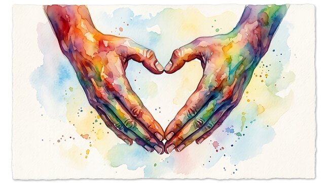 Colorful watercolor painting of two hands making a heart shape symbol with bright vibrant paint splashes and texture