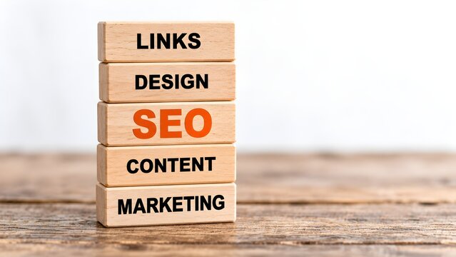 Stack of wooden blocks with SEO, Content, Marketing, Design, and Links written on them, symbolizing digital marketing strategy and optimization