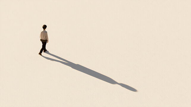 A solitary person walk across a vast empty white space with long shadow cast by bright light create minimalist artistic composition