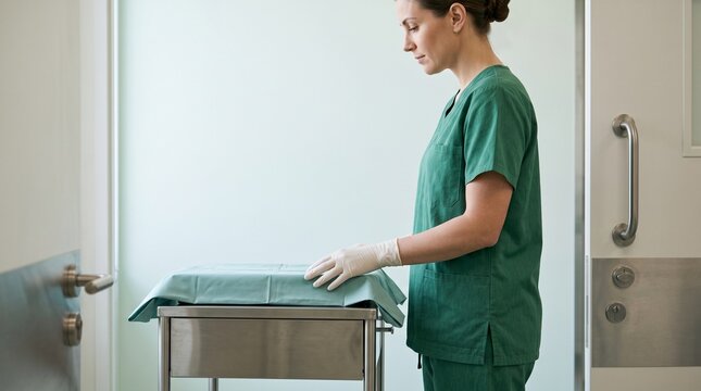 Surgical nurse checks sterile tray before operation