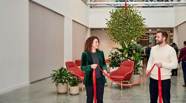 Coworkers keep distance beneath giant mistletoe