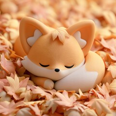 Fototapeta premium A cute fox character rests in a pile of soft leaves. The colors are bright and pastel. It enjoys a sunny afternoon in a cheerful scene.
