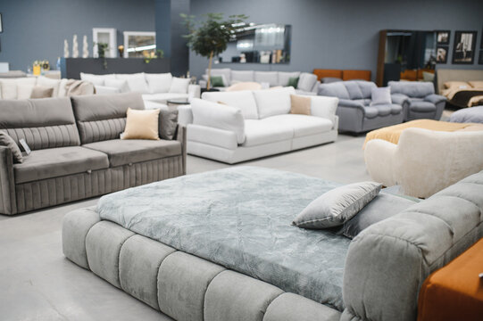 Furniture store showroom displaying various modern sofas