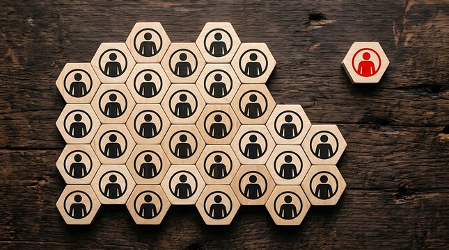 Group of wooden hexagon blocks with people icons and one red leader piece representing business team management