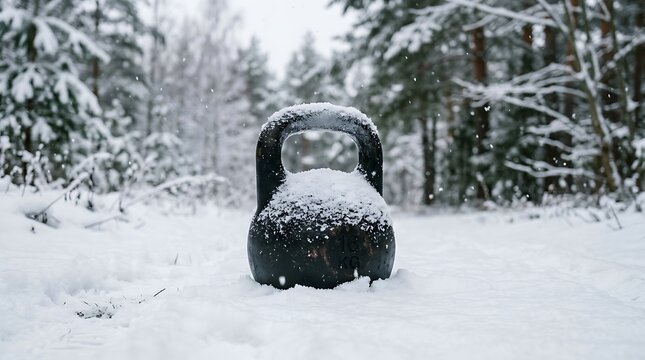 Black kettlebell sitting in the deep white snow in a cold winter forest