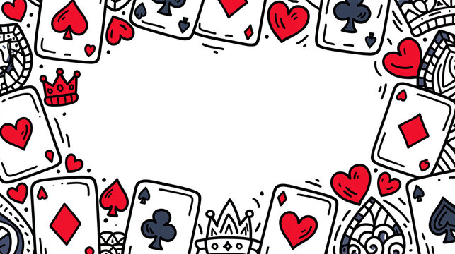 Colorful playing cards frame with hearts and spades in a playful design.