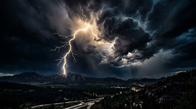 Bright lightning bolt striking from dark storm clouds over a city at night with dramatic weather and electric energy